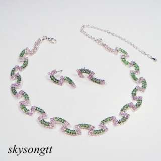 Swarovski Green Clear Crystal Rhinestone Bridal Necklace Earrings Set 