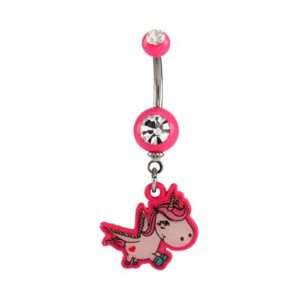  Steel Belly Ring with Pink Acrylic Balls and Clear CZ   Cute Unicorn 