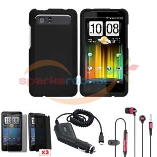 Black Rubberized Case+Car Charger+Red Headset+Privacy SP for HTC Vivid 