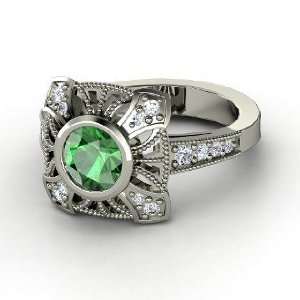  Chevalier Ring, Round Emerald 14K White Gold Ring with 