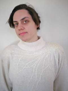 Vtg 80s Silk Angora Wool White Sequins Sprkle Sweater L  