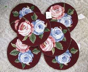   Hooked Wool Country Chair Seat pads cushions floral on dark red NEW