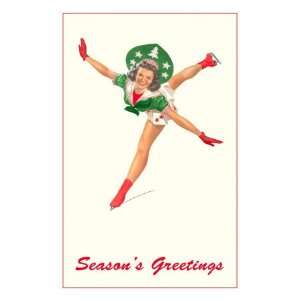 Seasons Greetings, Skating Lady Premium Giclee Poster Print, 9x12 