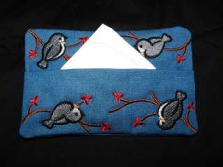 Embroidered Purse Size Tissue Holder   Chirping Chickadee  