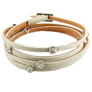 Multi Strand Beige Leather Bracelet With Small Clear Crystals Accents 