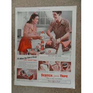 Tape, Vintage 40s full page print ad. (man,woman, making picnic lunch 
