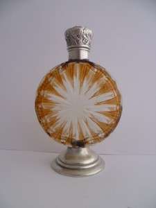 ANTIQUE AMBER GLASS CIRCULAR SHAPED SOLID SILVER TOP PERFUME/SCENT 