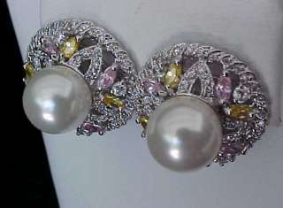   OPENWORK Estate style Faux Pearl Pink Yellow Clear CZ OMEGA EARRINGS