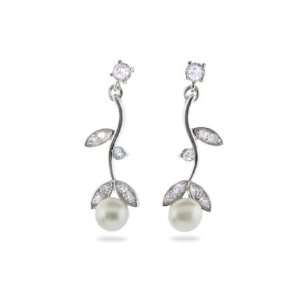  Sterling Silver CZ Vine Earrings with Freshwater Pearls 