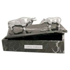   Marble Stock Market Box with Silver Bull and Bear 