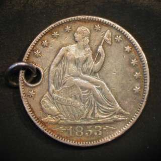 1853 Arrows & Rays Seated Liberty Silver half dollar, holed/jewelry 