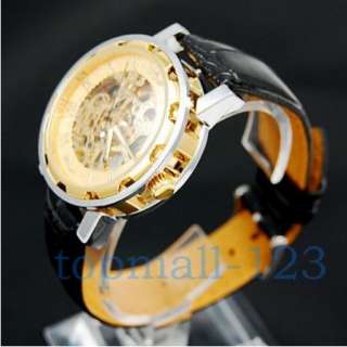 New Luxury Men Skeleton Automatic Mechanical Leather Band Wrist Watch 