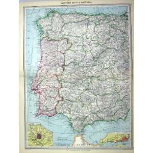  SPAIN PORTUGAL ANTIQUE MAP c1897 MADRID LISBON ALGARVE BEIRA MALAGA 