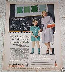 1947 Nashua Indian Head cotton sewing fabric VINTAGE AD  