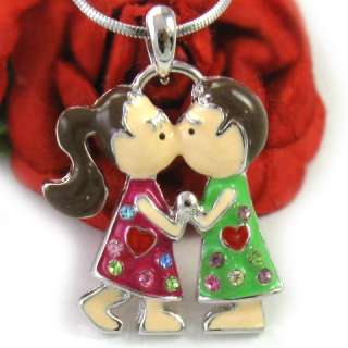 Red Heart Kissing Couple Ponytail Girl Necklace n324  