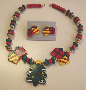 Christmas Tree hand crafted wood necklace, earrings set  
