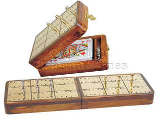 Folding Travel Cribbage Board Brass Inlaid 2 Tracks Box  