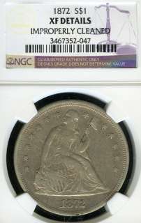 1872 NGC XF DETAILS IMP. CLEANED LIBERTY SEATED SILVER DOLLAR S$1 FC92 