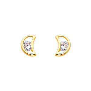  14K Yellow Gold Open Crescent Moon CZ Stud Earrings for 