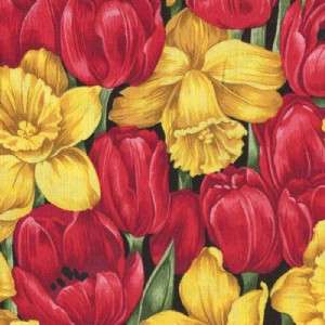 FLORAL DANCE DAFFODILS TULIPS   Cotton Fabric BTY for Quilting, Crafts 