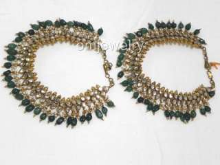 India Boolywood Gold Plated Emerald Payal Anklet Bridal Jodha Kuchi 