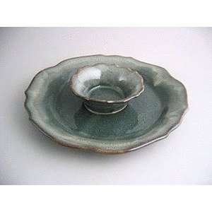 Handmade pottery chip and dip serving platter   jade glaze Bay Pottery 