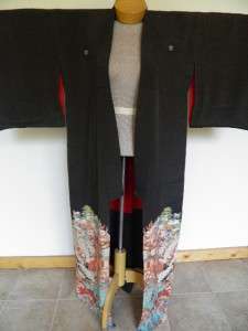 VTG ASIAN JAPANESE Antique RARE YUZEN DYEING BLACK Family Crest Kimono 