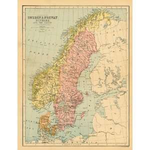  Bartholomew 1870 Antique Map of Sweden & Norway Kitchen 