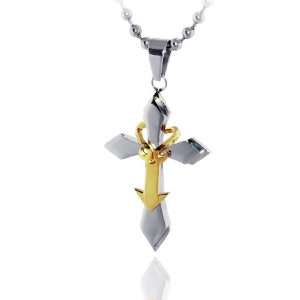  Two Tone 3D Cross Pendant beaded Chain Necklace Jewellery Jewelry