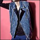 Mens washed biker sleeveless jacket blue denim vest size XS S M