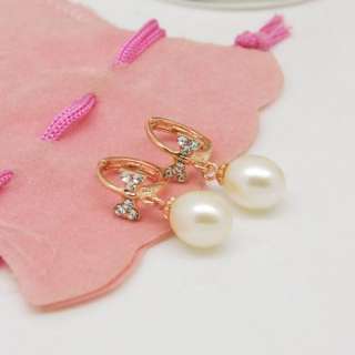 Fashion New Hot Crystal Rose Gold Plating Silver Pearl Bowknot Earring 