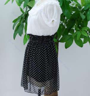   Fashion Korean Lady Chiffon Short sleeve Dots Polka Waist Mini Dress