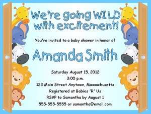 Baby Zoo Animals Baby Shower Invitations Personalized Blue or Pink 
