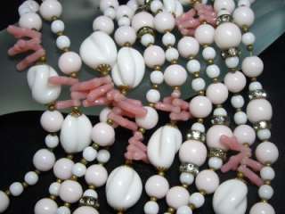 Very Long Necklace~Milk Glass Pink Coral & Rhinestone Rondel Beads 62 