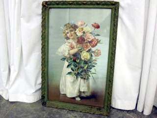 Antique Wood & Gesso Frame in Sage Green w Antique Print of Child w 