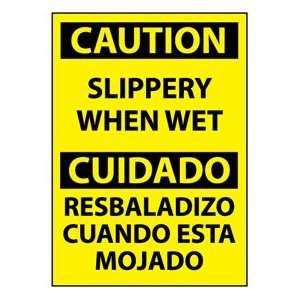 Bilingual Plastic Sign   Caution Slippery When Wet  