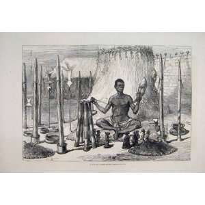  1877 Dahomey Priest Spinning Sacred Cotton Old Print