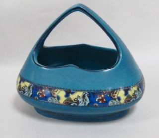 Blue Art Deco Basket Vase with A Paisley Border Made in Czechoslovakia 