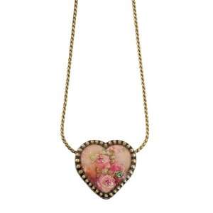 Michal Negrin Heart Pendant with Roses Print, Pink and Green Swarovski 