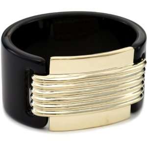   70s Luxe Black Acrylic Metal Section Bangle Bracelet Jewelry