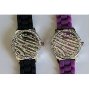 Womens Geneva Black and Purple Platinum Silicone Rubber Jelly with CZ 
