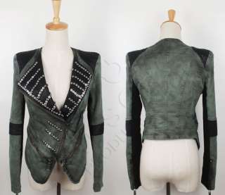Spike Studded PU leather+Denim Biker Tailcoat Jacket Coat Black/Green
