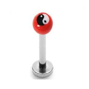   Labret with Ying Yang Logo on Red Ball L23 14 gauge 3/8 inch 4mm ball
