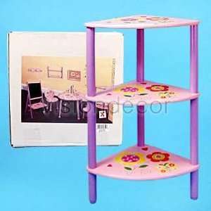 Childrens Pink Purple w/ Flower Print 3 tier Wooden Corner Shelf 