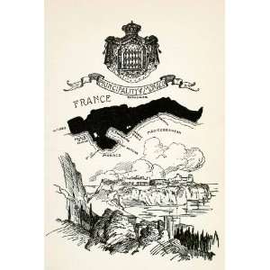  1932 Wood Engraving Map Principality Monaco France 