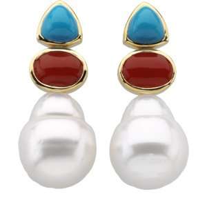   Turquoise And Genuine Coral Earrings In 14K Yellow Gold Jewelry