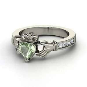 Claddagh Ring, Heart Green Amethyst Sterling Silver Ring with Diamond 