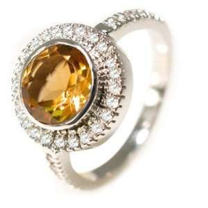 18K White Gold Circle Shape Citrine Color Stone Ring, Enhanced with 