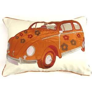 FUNKY HERBIE BEETLE CAR EMBROIDERED CREAM COPPER ORANGE COTTON CUSHION 