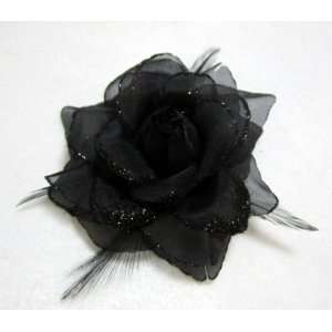 NEW Black Glitter Rose with Feathers Hair Flower Clip and Pin, Limited 